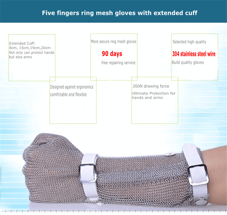 1301 Full Protection Ring Mesh Gloves with Long Sleeve Silicone Rubber Strap